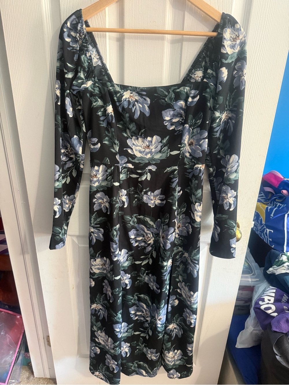 Abercrombie & Fitch Black Midi Dress with Blue Floral Print